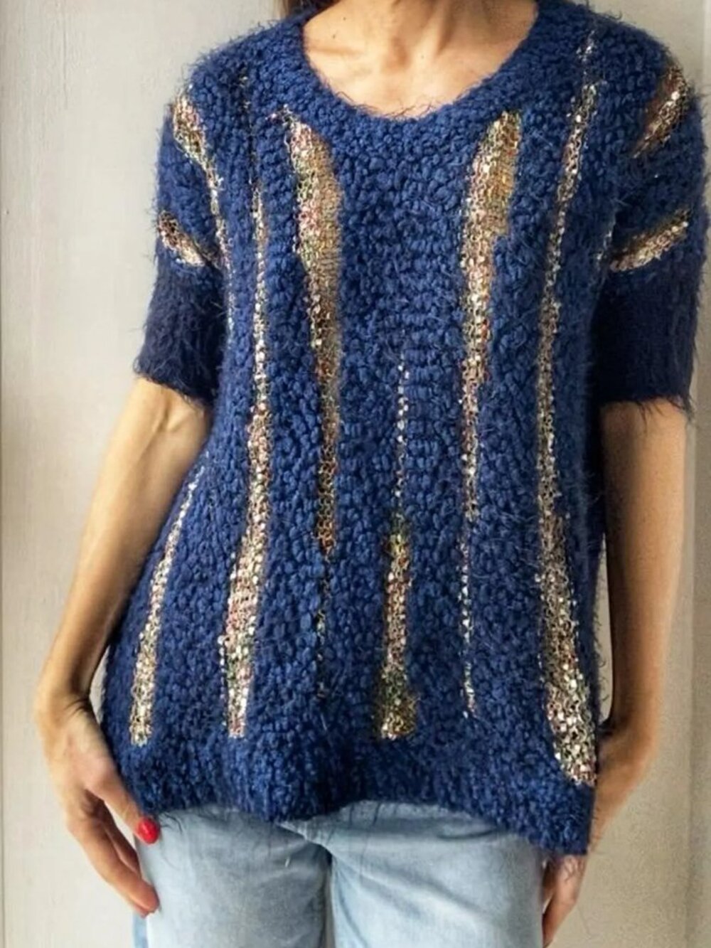 Dex Short Sleeve Fuzzy V- Neck Sweater - Fringe Sleeves- Navy Blue- Size XS